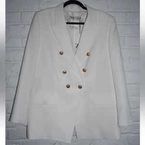 Zara Double Breasted White Blazer Size: XXL NWT Gold Buttons Women's Peak Lapel